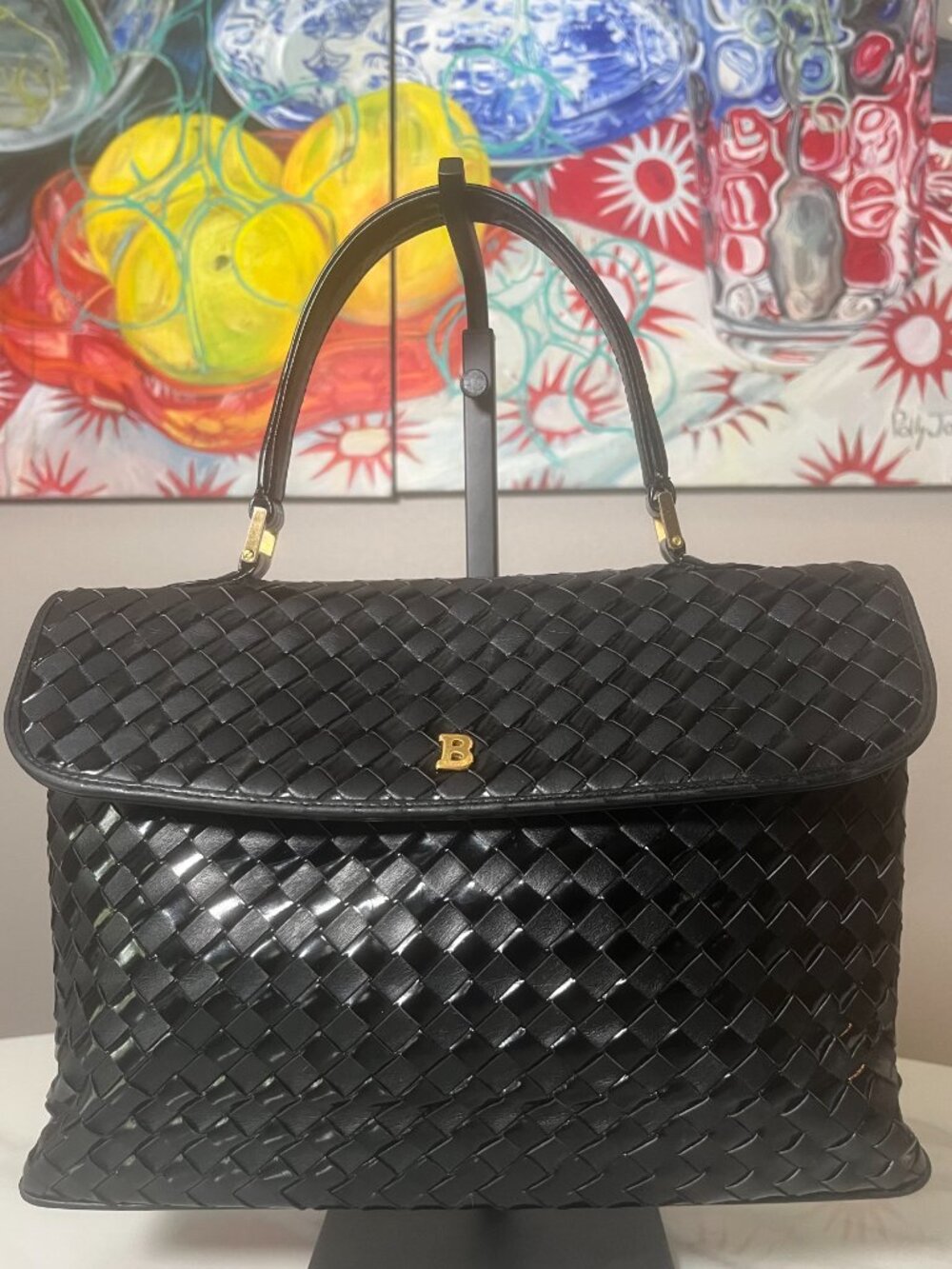 Bally Intrecciato Woven Patent Leather Vintage Black Satchel Handbag